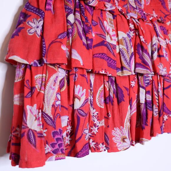 SUNDRY Floral Tiered Skirt Red Smocked Ruffle Lightweight Women's 1 / US S - Picture 9 of 14
